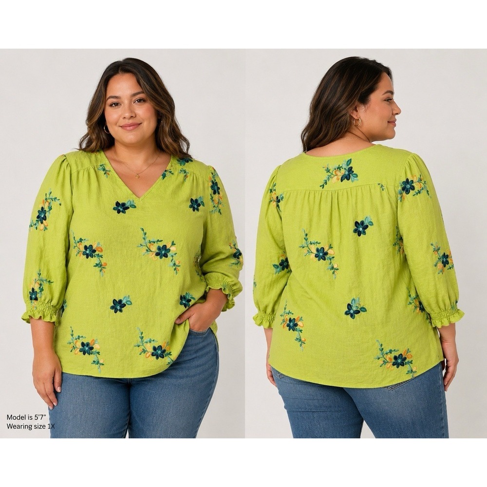 KINDRED Women's 1X Lime Green Embroidered Floral Peasant Top Blouse -3283